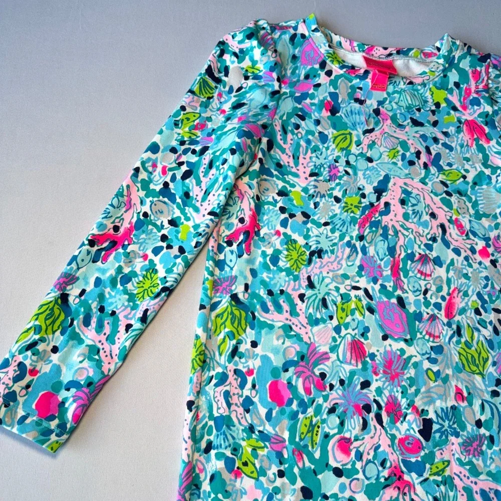 Lilly Pulitzer Girls Dress L‎ 8-10 Blue Pink Cotton Blend Diann Coastal Aquatic
